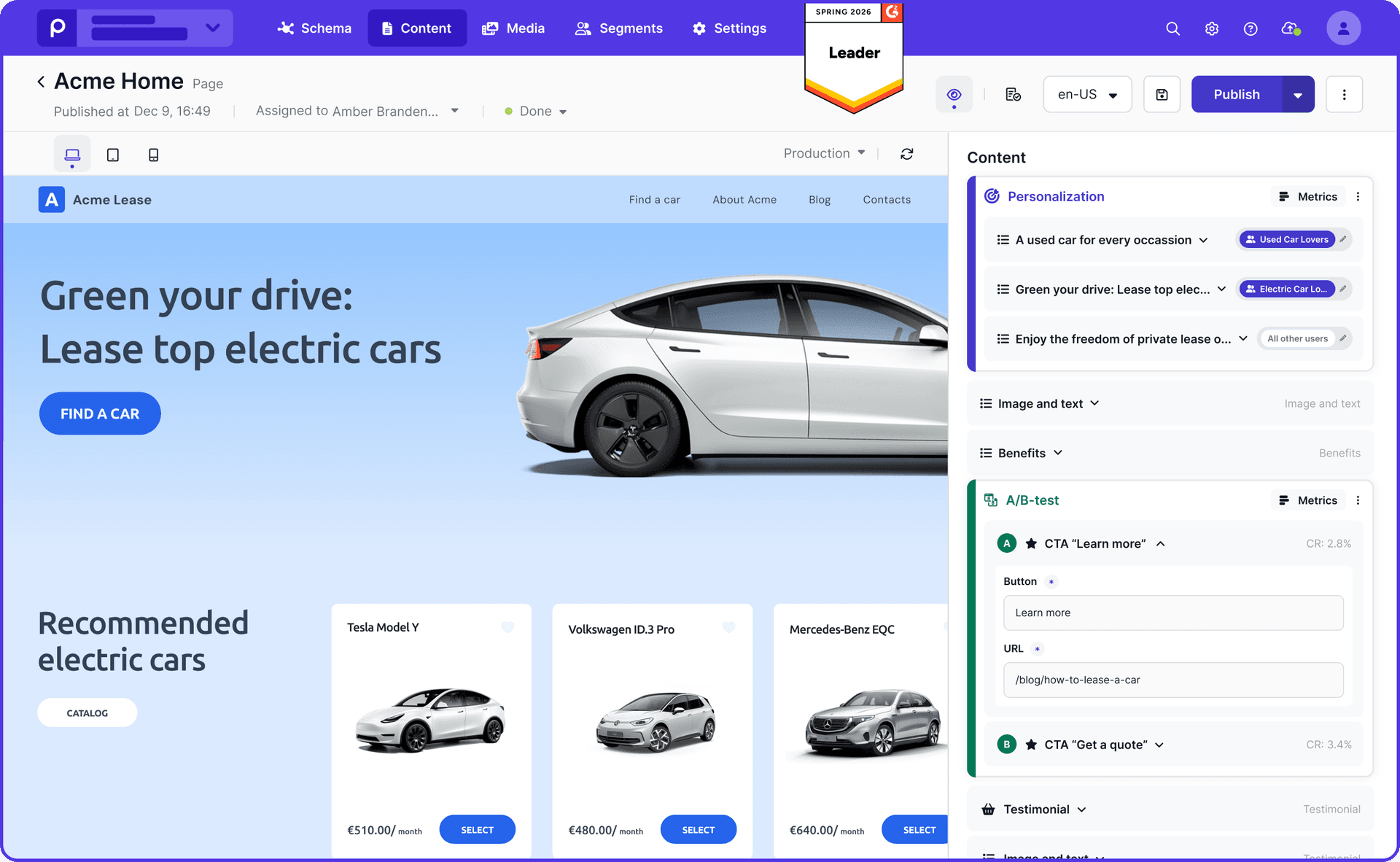 Acme Home: a desktop interface preview of a page editor showing a purple-themed editing environment. The live left canvas displays an “Acme Lease” webpage with a pale blue hero banner, a “FIND A CAR” button, and a side-view image of a white electric car, along with a “Recommended electric cars” section featuring three car cards and a left-side “CATALOG” button, while the right panel shows a Content settings area with personalization targeting and an A/B-test configuration.